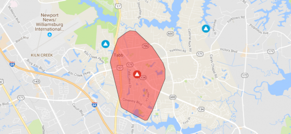Over 2,500 people are without power in the Tabb area of York County after a car overturned on Hampton Highway. (Courtesy Dominion)
