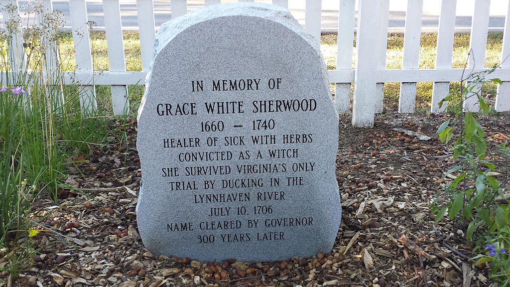 The Herb Garden at Old Donation Episcopal Church, Virginia Beach, Virginia, USA, showing the memorial stone to Grace Sherwood. The stone was dedicated July 10, 2014. (PumpkinSky/Creative Commons)