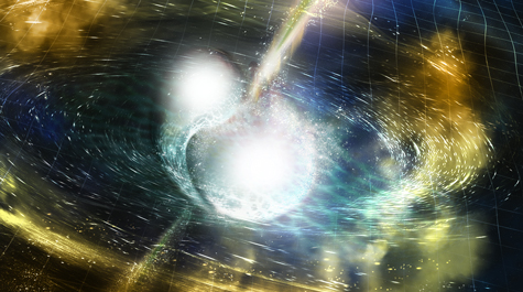 Artist’s illustration of two merging neutron stars depicts gravitational waves travelling out from the collision and the narrow beams showing bursts of gamma rays, just seconds after the gravitational waves. Swirling clouds of material ejected from the merging stars are also depicted. NSF/LIGO/Sonoma State University/A. Simonne