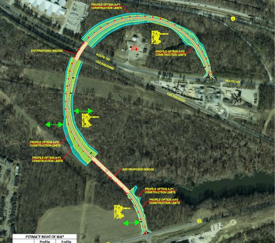 A rendering of the Skiffes Creek Connector project from the VDOT website shows one proposed path of the bridge in blue. (Courtesy James City County SmartScale grant application)