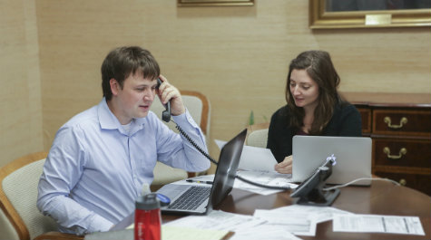 Call VOTEline: Now in its 11th year, the Election Law Society's annual one-day VOTEline can help voters with questions on Election Day. In 2016, Benjamin Daily J.D. '18 and Rachel Bogdan J.D. '18 were among the law students who hosted the hotline. (Photo by David F. Morrill)