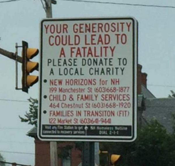In Manchester, New Hampshire, signs dissuade drivers from giving to panhandlers, according to a report from New Hampshire Public Radio. (Courtesy NHPR)