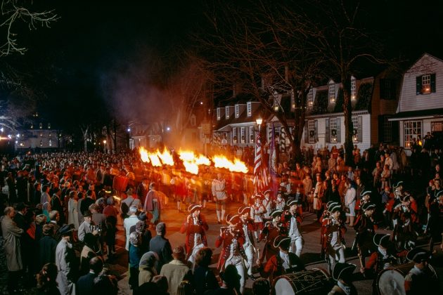 Millitia marching with cressets down DOG St at Grand Illumination in 1969. (Courtesy Rockefeller Library Visual Resources)