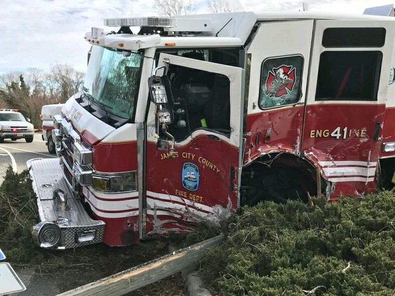 Four people were injured, including two James City County firefighters, after a septic truck collided with a fire engine Dec. 31. (Courtesy photo/Ricky Weneck/International Association of Fire Fighters Local 2498)