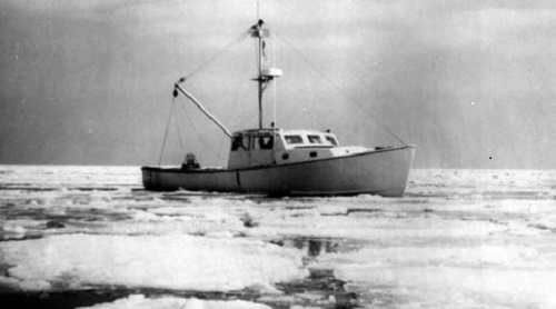 The VIMS research vessel John Smith explores the ice-choked waters of the mid-Bay during the winter of 1978-79. Courtesy of G. Thomas.