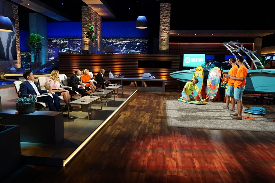 The sharks listen to the pitch. (Courtesy ABC)