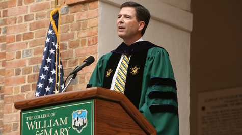 James B. Comey '82 speaks at the university's 2009 Opening Convocation ceremony. The W&M alumnus has remained closely connected to his alma mater throughout the years. Starting this fall, he will co-teach a course on ethical leadership for the university. (Stephen Salpukas/W&M News)