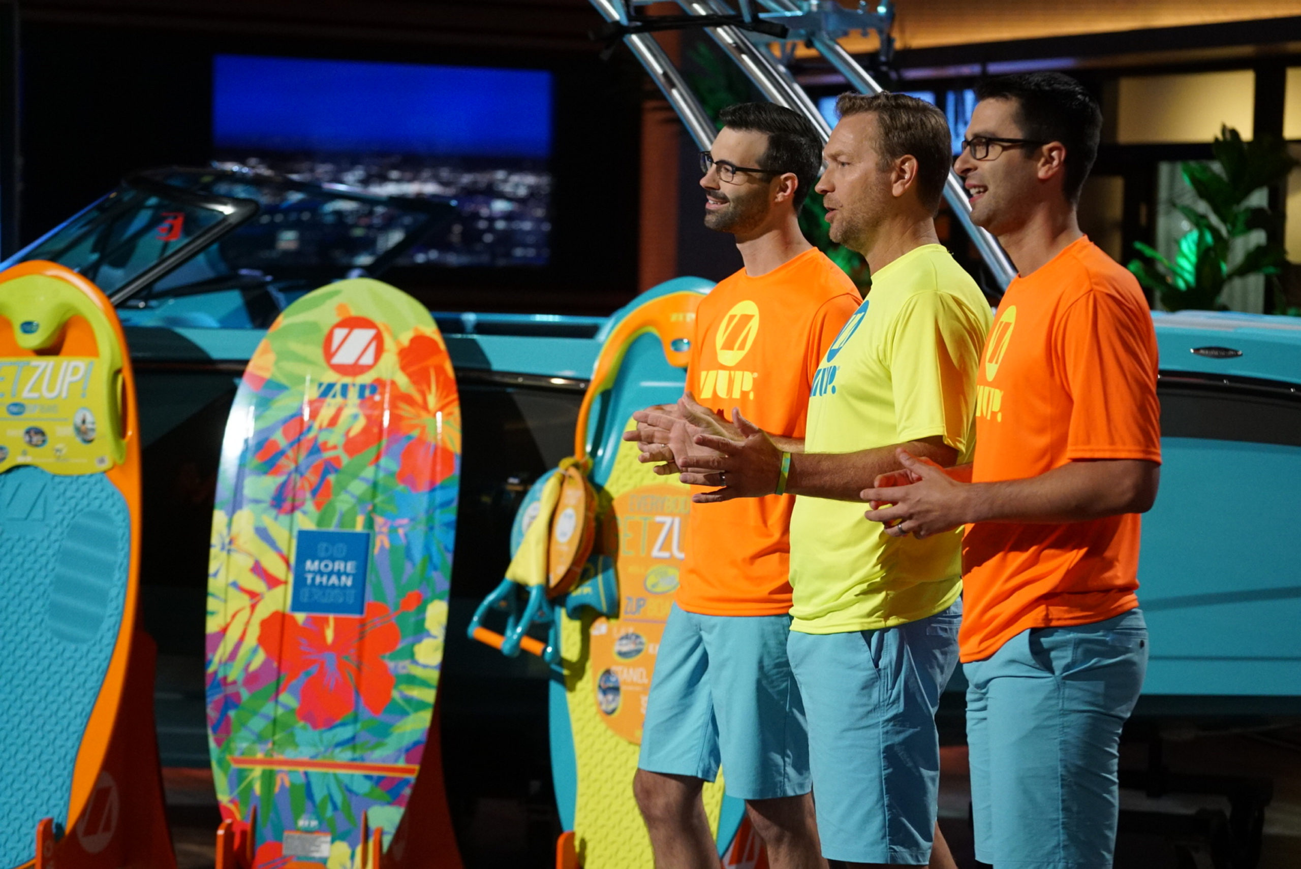 SHARK TANK - ÒEpisode 911Ó - An entrepreneur from Brookline, Massachusetts, empowers women to create a community that prioritizes living well, working hard and encouraging women to build businesses of their own with her idea; a trio of entrepreneurs from Williamsburg, Virginia, pitch the sharks a fresh, new way to ease people into water sports with their all-in-one invention; a registered nurse turned entrepreneur from Carlsbad, California, helps breastfeeding moms find a healthy and convenient way to increase their milk supply with her delicious food item; a panda-loving entrepreneur from Burbank, California, hopes to make panda lovers out of the Sharks when she presents her animal-themed pet apparel company, on ÒShark Tank,Ó SUNDAY, JAN. 14 (10:00-11:00 p.m. EST), on The ABC Television Network. (ABC/Eric McCandless) NICK KIERPIEC, GLEN DUFF, SCOTT PARKS (ZUP)