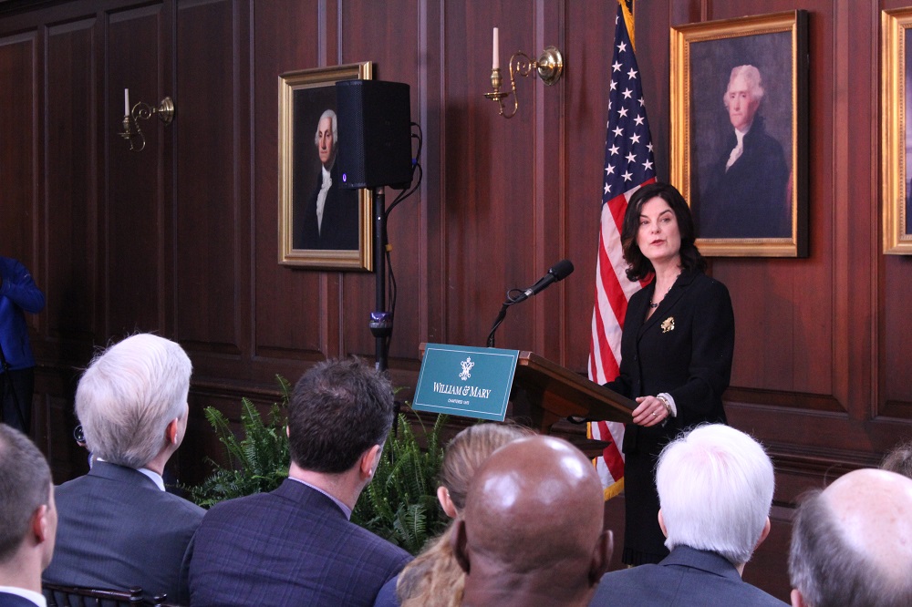 Katherine Rowe makes her first public remarks since being announced as William & Mary's next president. (Andrew Harris/WYDaily)