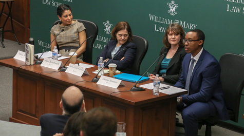The first panel, “Speech on Campus,” for “The First Amendment Under Fire" symposium was moderated by Vivian Hamilton of W&M Law School. Panelists included Sigal Ben-Porath of the University of Pennsylvania Graduate School of Education, Marieke Tuthill Beck-Coon of the Foundation for Individual Rights in Education (FIRE), and George Nwanze of the W&M Law School Class of 2019. (Courtesy photo/David F. Morrill)