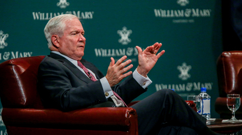 W&M Chancellor Robert M. Gates '65, L.H.D. '98, joined President Taylor Reveley on Feb. 9, 2017, in Phi Beta Kappa Hall to discuss world issues. The two will host a similar discussion on Feb. 8, 2018. (Courtesy photo/Skip Rowland '83)