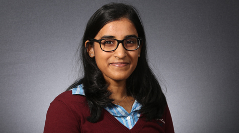 Likhitha Kolla '18 is this year’s recipient of William & Mary’s Thomas Jefferson Prize in Natural Philosophy. The award is endowed by the trustees of the Thomas Jefferson Memorial Foundation to recognize excellence in the sciences and mathematics in an undergraduate student. (Courtesy photo/Stephen Salpukas)