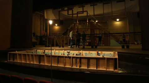 Crews constructed a wood frame first before installing the pond liner inside for the on-stage pool that is the centerpiece of the set for William & Mary theatre's "Metamorphoses." (Courtesy photo/Stephen Salpukas)
