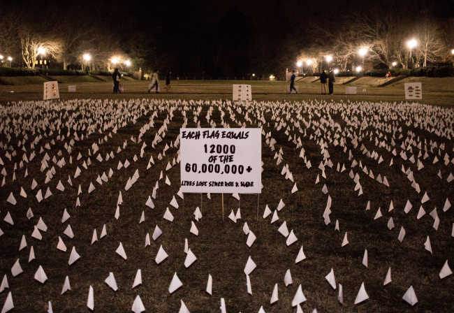 Members of VOX and Advocates for Life installed demonstrations on the Sunken Garden Feb. 11. (Courtesy photo/Sydney McCourt, The Flat Hat)