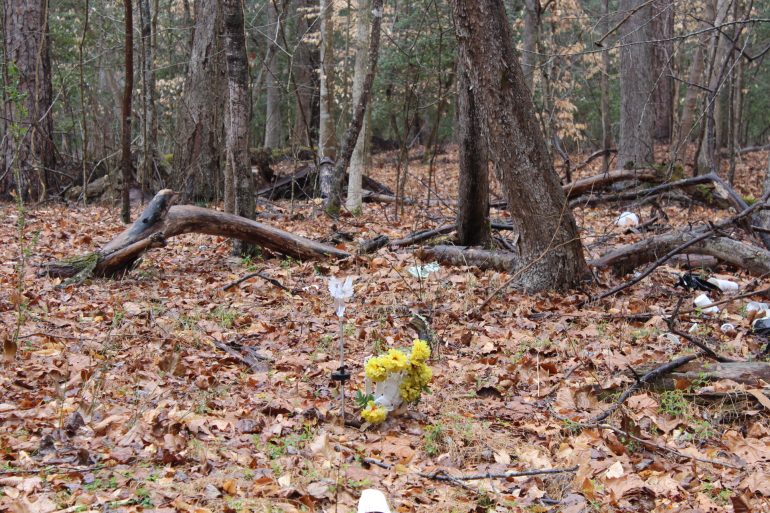 A marker sits on the side of Crawford Road in York County where 19-year-old Austin Baxley was found dead. (Sarah Fearing/WYDaily)