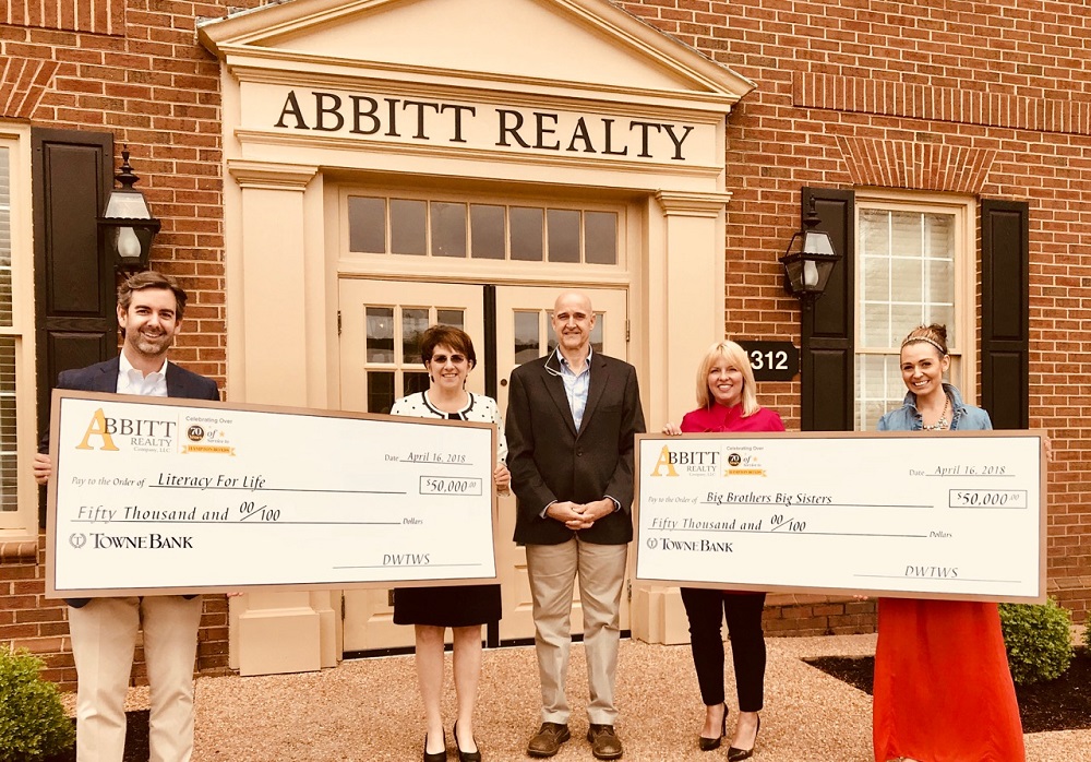Checks were donated to local charities after Dancing with the Williamsburg Stars. Pictured L-R: Stephen Abbitt, Managing Broker of Abbitt Realty; Joan Peterson, Executive Director of Literacy for Life; Joe Hertzler, DWTWS Chairperson; Ann Rohde Payes, Executive Director of Big Brothers Big Sisters and Tiffany Reaves, DWTWS Committee Member.(Courtesy Howell Creative Group)