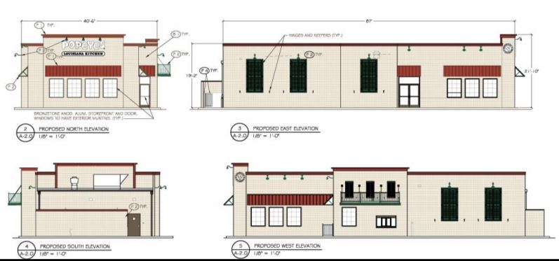 Sketches approved by the city's Architectural Review Board for the outside of Popeyes. (Courtesy City of Williamsburg)