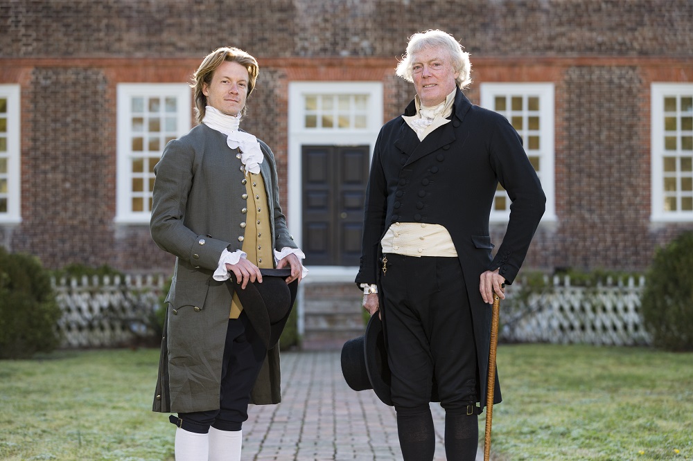 Kurt Smith as the younger Thomas Jefferson and Bill Barker as older Jefferson at the Wythe House. (Courtesy Summer 2016 Trend & Tradition Magazine and Colonial Williamsburg)