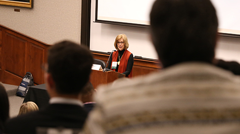 W&M alumna Jane Church Horvath touched on a number of topics during her Friday evening keynote speech, including affirmative legal requirements regarding cybersecurity, incident response in data breech, continued new developments in data localization, and other topics. (Photo courtesy/David F. Morrill)