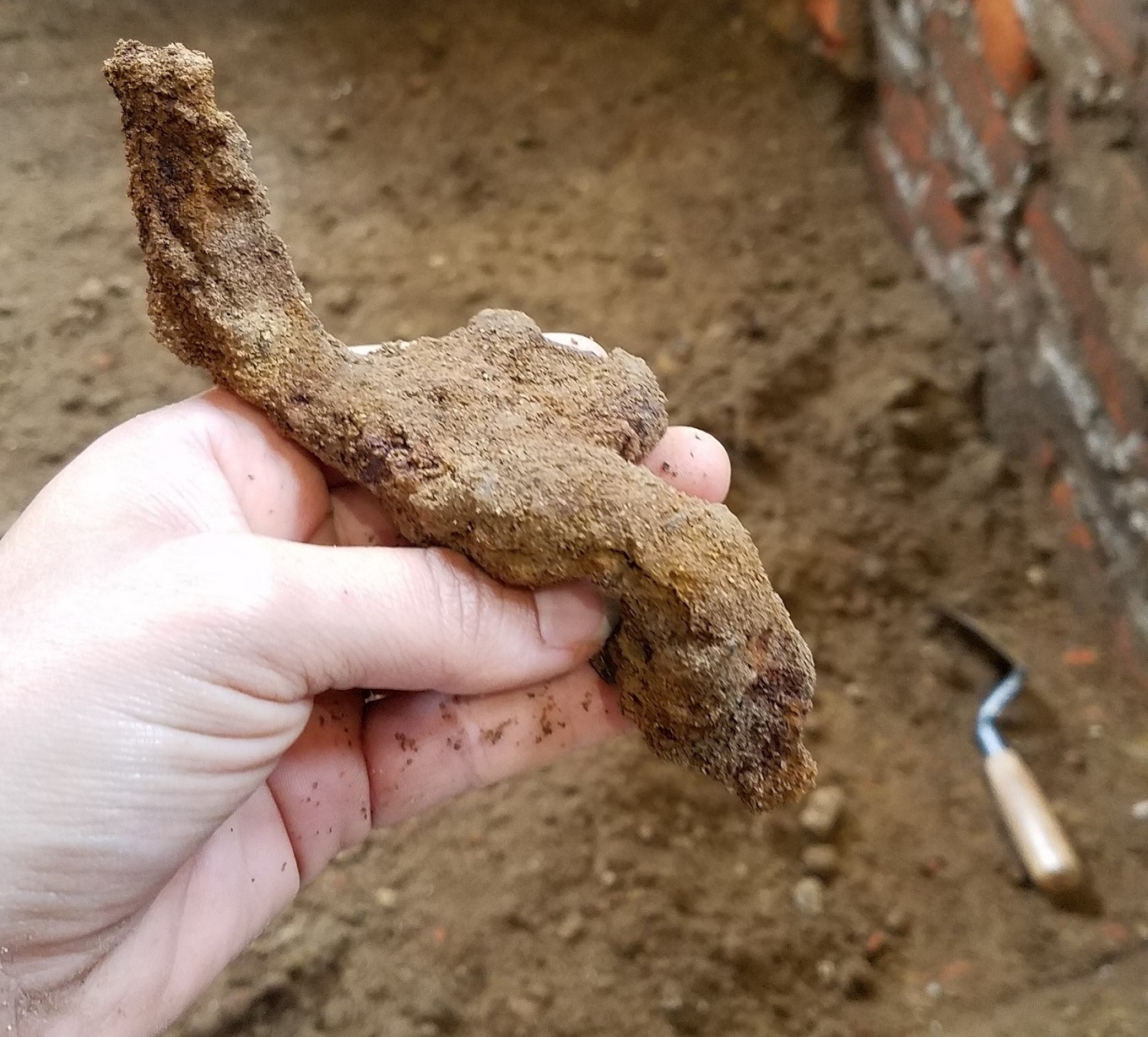 Archaeologists uncovered a dagger hilt in the cellar in the Jamestown church. (WYDaily/ Courtesy Mary Anna Hartley, Jamestown Rediscovery)