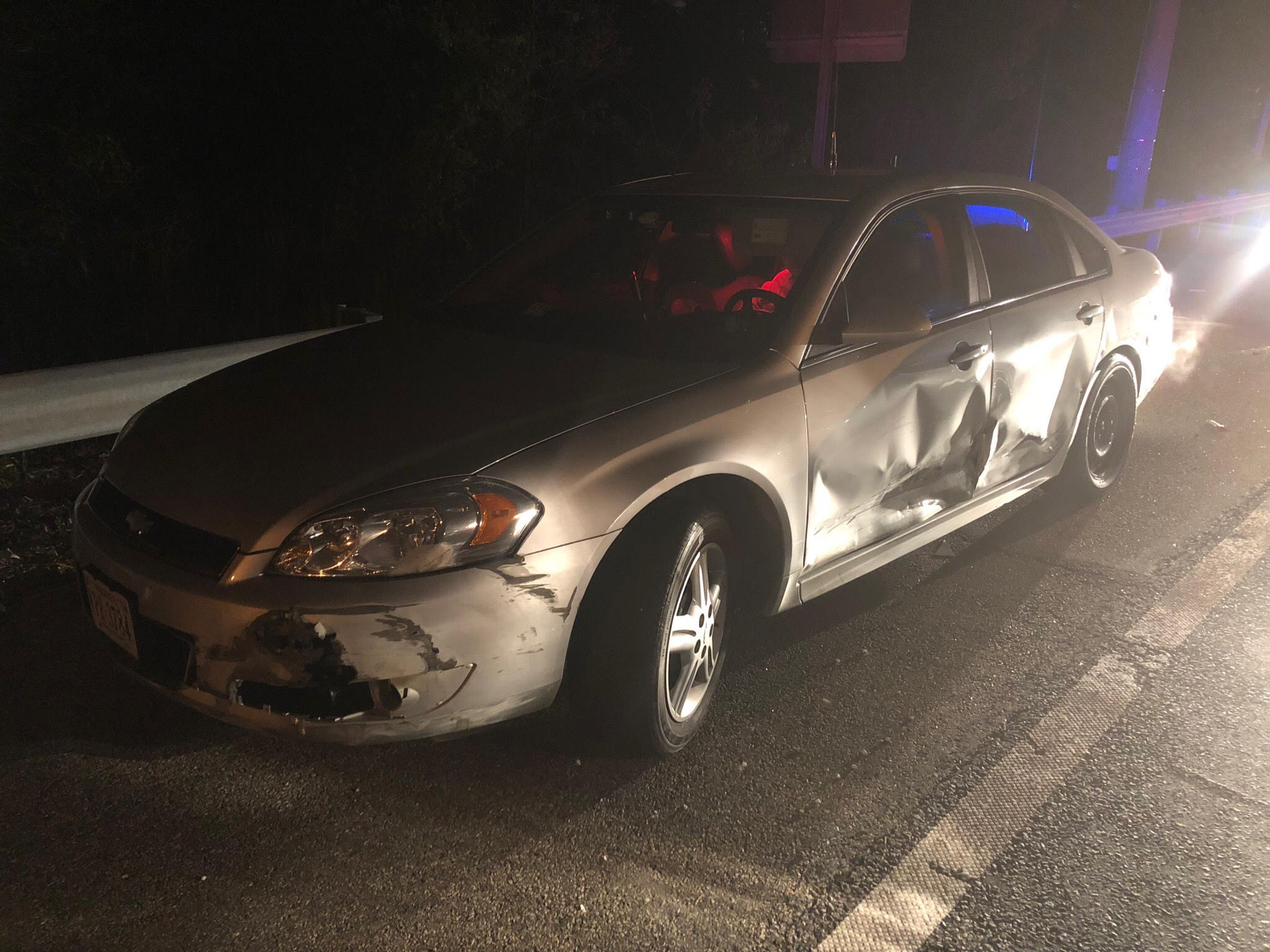 A Virginia State Police unmarked cruiser was damaged early Tuesday during a brief pursuit on Interstate 64. (Photo courtesy Virginia State Police)