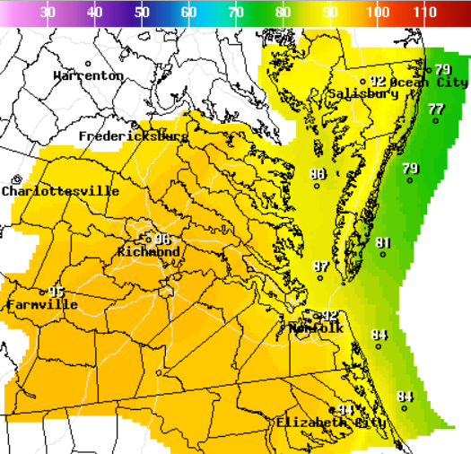 The National Weather Service is forecasting the heat index in Williamsburg to reach 105 degrees Tuesday. (WYDaily/Courtesy of NWS)