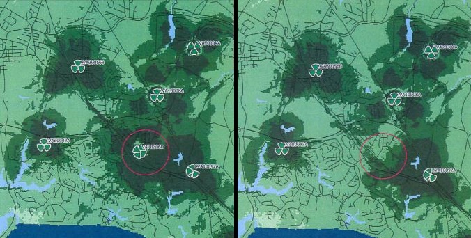On the left is the a depiction of ow T-Mobile's coverage will look once the tower is constructed, with darker green meaning on a stronger signal. On the right is T-Mobile's current service, with a gap in stronger signals in the area surrounding the now-approved tower. (WYDaily/ Courtesy York County)