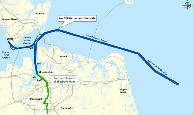 The Atlantic Ocean Channel, Thimble Shoals Channel, and Norfolk Harbor are all slated to be dredge to a depth of 55 feet, allowing for large ships to carry more cargo into port. (HNNDaily photo/Courtesy U.S. Army Corps of Engineers)
