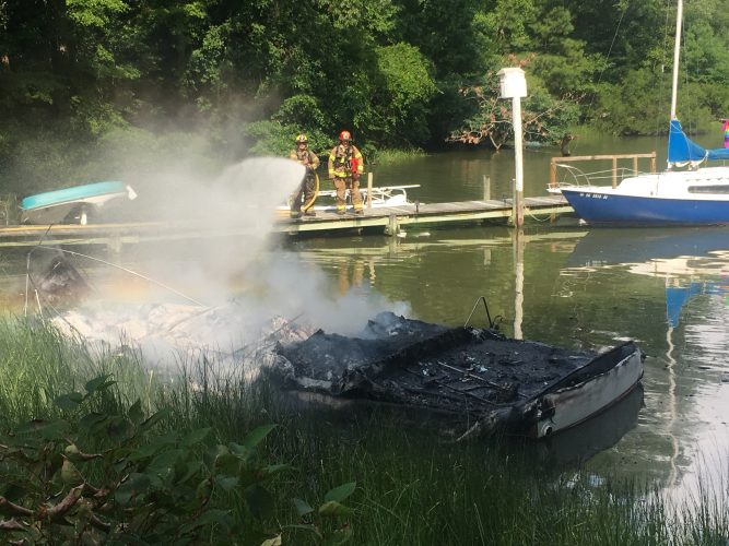 Crews respond to a boat fire Friday, July 13, 2018, in the Marlbank subdivision in York County. The boat was a total loss. (WYDaily/Courtesy York County Fire and Life Safety)