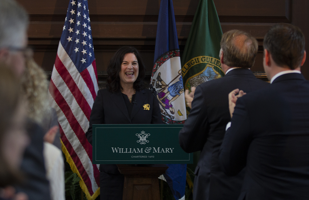 New WIlliam & Mary President Katherine A. Rowe receives a standing ovation before beginning her remarks during her swearing-in ceremony Monday, July 2, 2018, in the Great Hall at the Wren Building. (WYDaily/Bryan DeVasher)