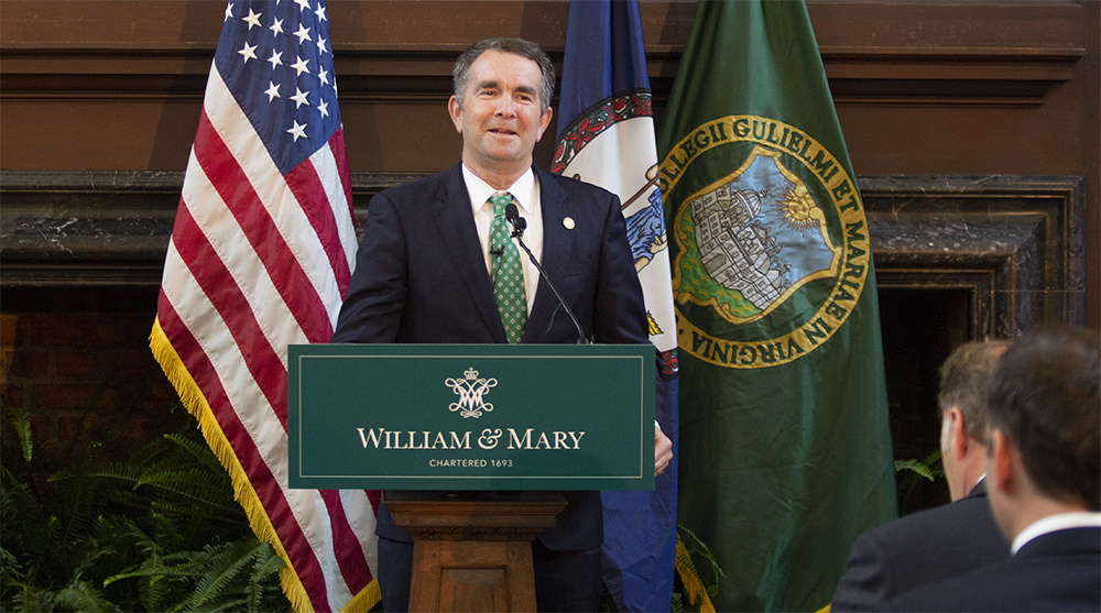 Virginia Gov. Ralph Northam delivers his remarks before swearing in Katherine A. Rowe as the new president of William & Mary on July 2, 2018, in the Great Hall of the Wren Building. (WYDaily/Bryan DeVasher)