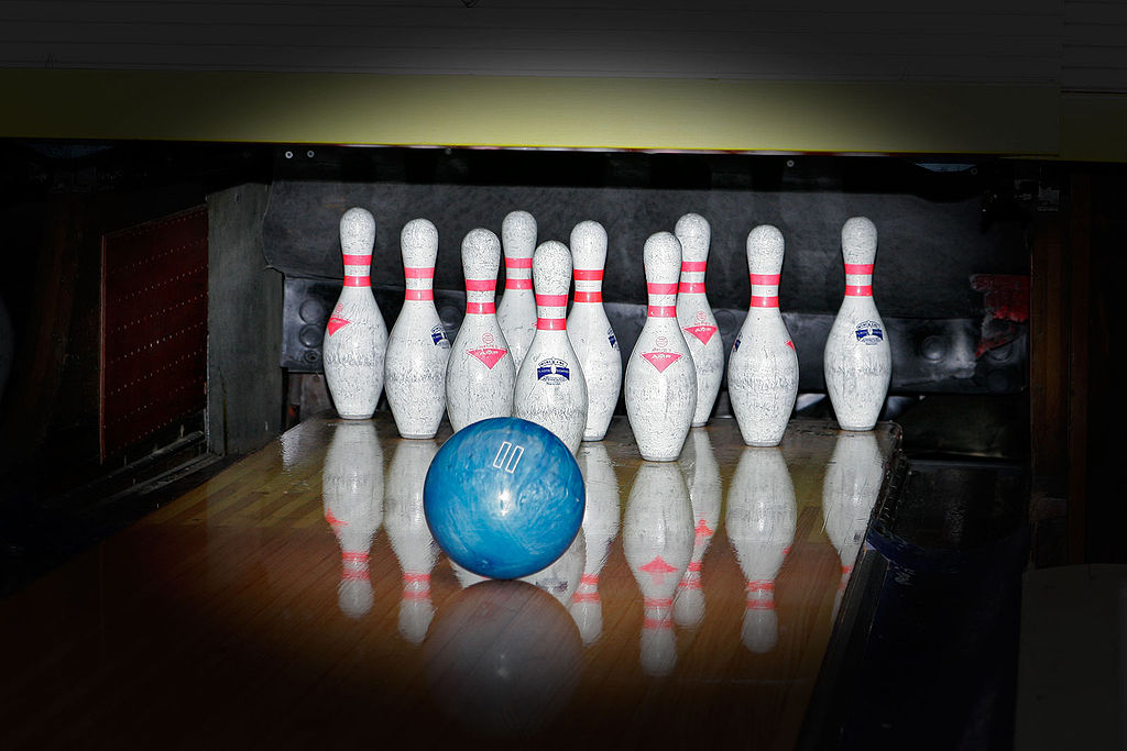 Bowling pins and bowling ball