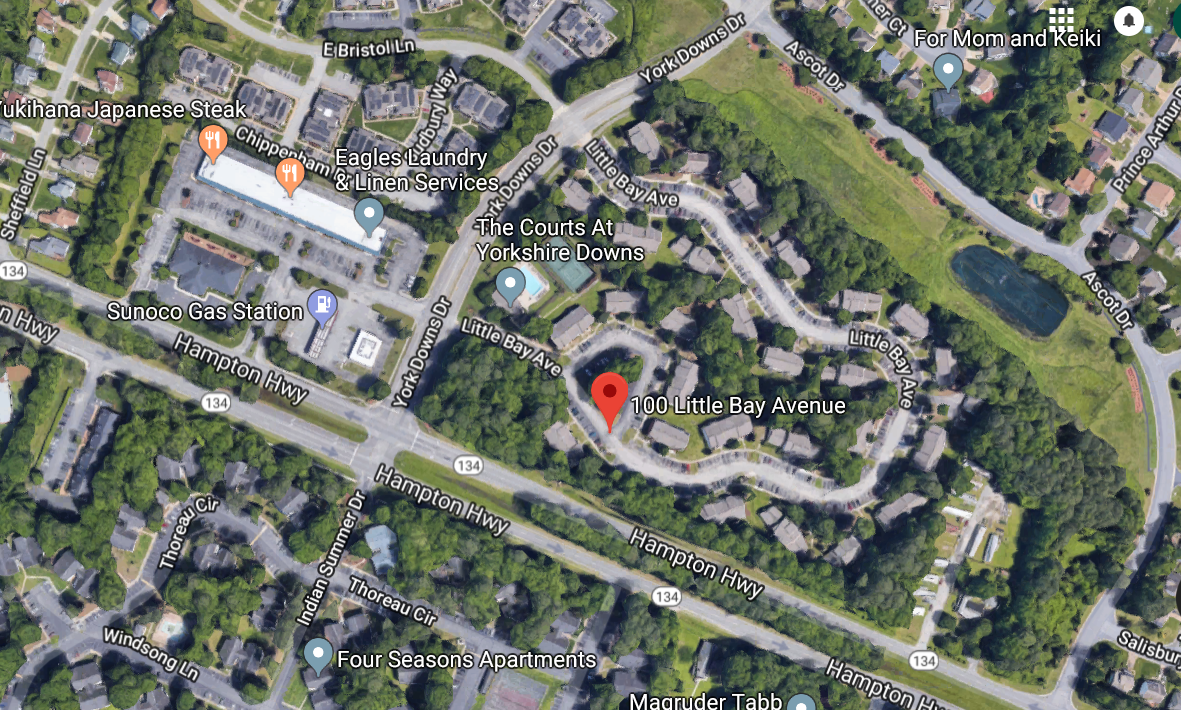 York-Poquoson Sheriff's deputies were dispatched to the 100 block of Little Bay Avenue in York County to investigate a breaking and entering with shots fired at the scene. (WYDaily/Courtesy Google Maps)