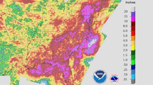 Since mid-July, 6 to 10 inches of rain have fallen across most of Virginia, with 10-15 inches across much of Maryland and Pennsylvania—and this follows a very wet May in the mid-Atlantic. (WYDaily/NOAA/NWS)