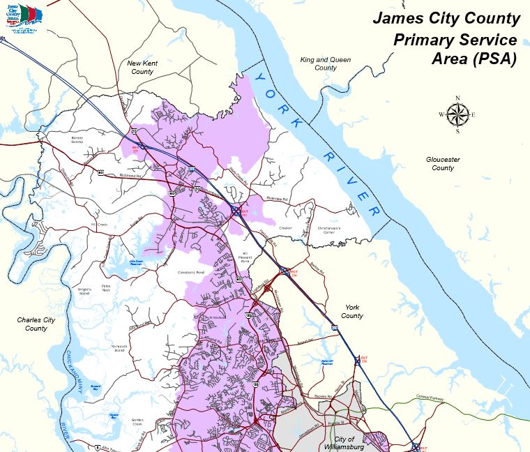 The Primary Service Area for James City County is highlighted in purple. Chickahominy SummerPlace is in the northwestern portion of the county, outside of the PSA. (WYDaily/ Courtesy James City County)