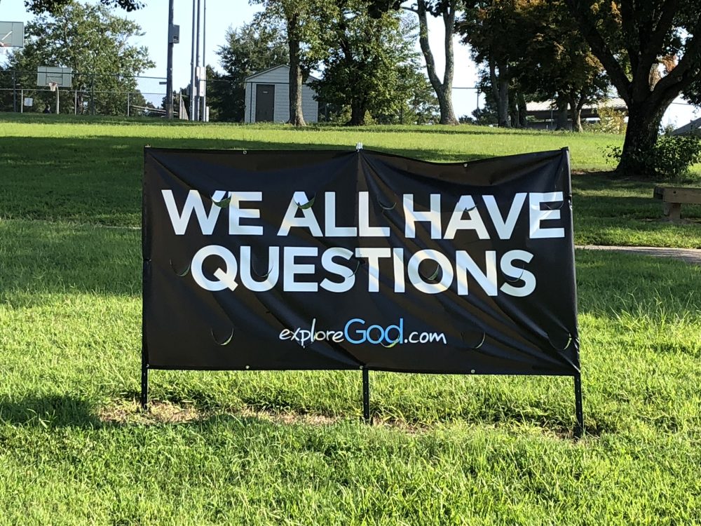 An Explore God sign near Veterans' Park in James City County (WYDaily photo)