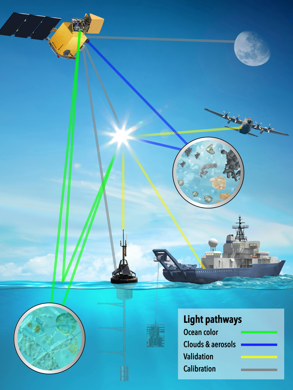Depiction of how ocean color, clouds and aerosols information will be collected by the PACE satellite. In-water and airborne instruments will be employed to validate PACE data. Calibration of satellite sensors will involve using the Sun, moon, and ocean buoys as reference sources. (WYDaily/VIMS/NASA)