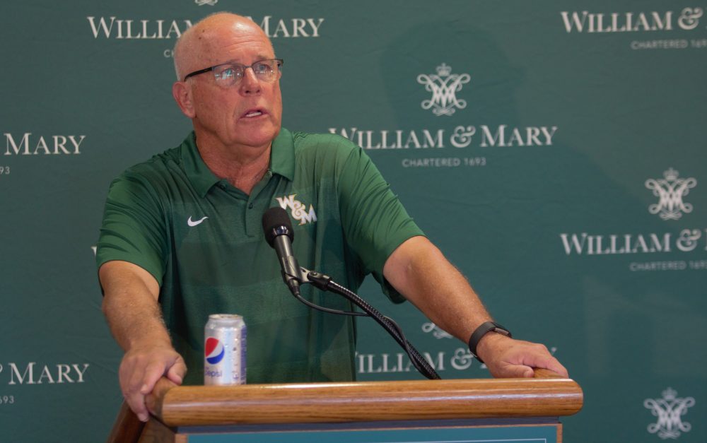 William & Mary head football coack Jimmye Laycock addresses the media about his retirement at the end of the season on Monday, Aug. 6, 2018, at Zable Stadium. (WYDaily/Bryan DeVasher)