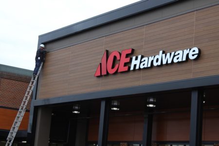 The front sign was installed last week on Ace Hardware's new store. (WYDaily/ Andrew Harris)