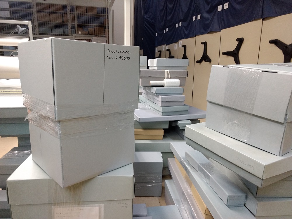Boxes of historic objects sit in the National Parks Service facility before being loaded onto moving trucks. (WYDaily/Andrew Harris)