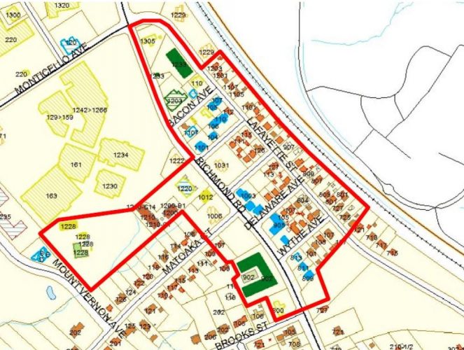 The City of Williamsburg wanted to encourage creative businesses to move to a location with 22 percent vacancy, according to Economic Development Director Michele DeWitt. This location is comprised areas near Bacon, Delaware and Wythe Avenue, Lafayette Street, parts of Richmond Road and parts of Matoaka Street. (WYDaily/Courtesy City of Williamsburg)