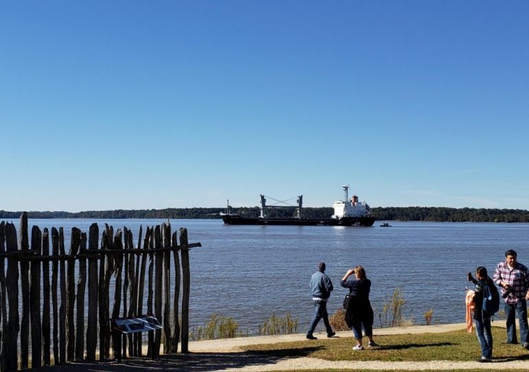 Historic Jamestown visitors look on after the Balsa 92 dropped anchor in the James River in October 2018. (WYDaily/ Courtesy Mary Anna Hartley) 
