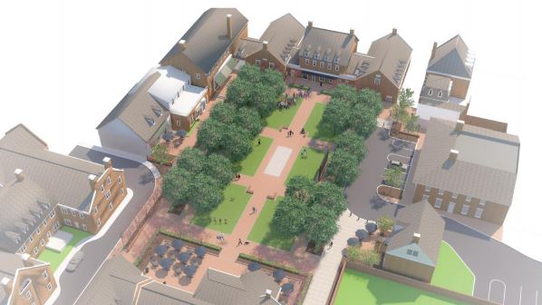 Artist's rendering from 2018 of what the P3 lot in Merchants Square after it is transformed into a pedestrian marketplace. (WYDaily/ Courtesy Colonial Williamsburg Foundation)