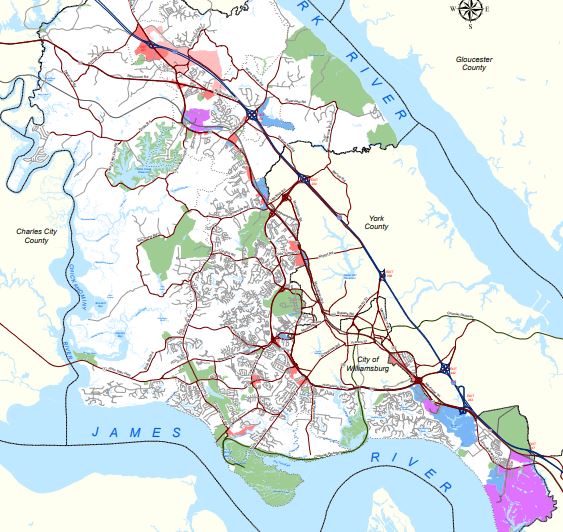 Food trucks are allowed to operate within the colored regions of James City County. (WYDaily/ Courtesy James City County)