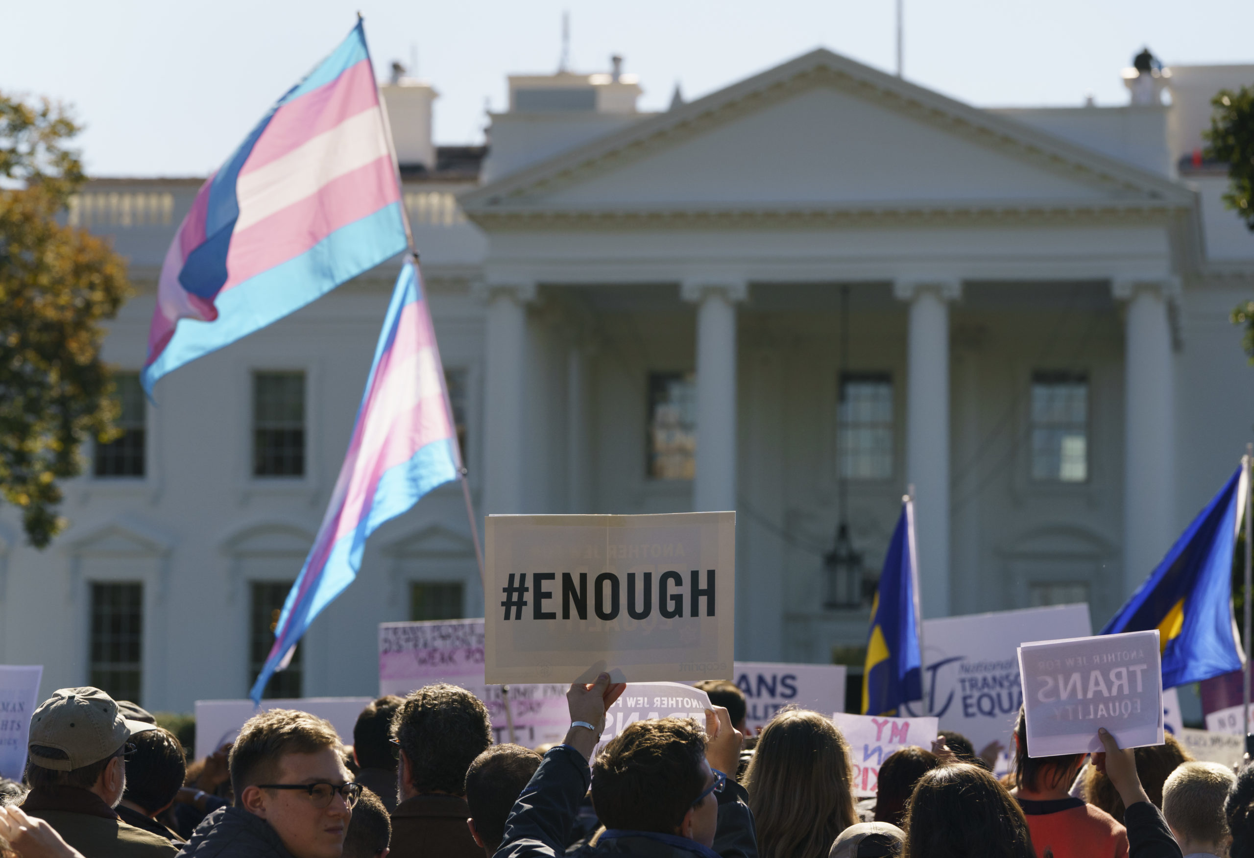 The National Center for Transgender Equality, NCTE, and the Human Rights Campaign gather on Pennsylvania Avenue in front of the White House in Washington, Monday, Oct. 22, 2018, for a #WontBeErased rally. Anatomy at birth may prompt a check in the "male" or "female" box on the birth certificate _ but to doctors and scientists, sex and gender aren't always the same thing. (AP Photo/Carolyn Kaster)