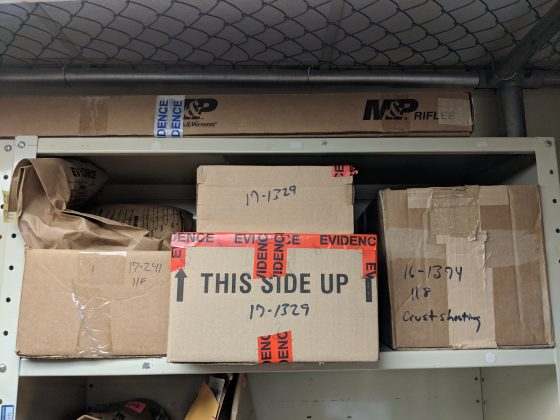 A box labeled "Crust shooting" contained evidence from the incident more than two years ago. (WYDaily/Sarah Fearing)