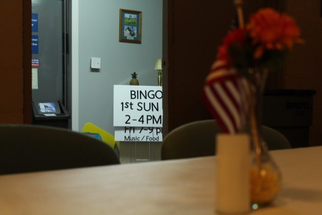 A sign advertising bingo, one of the VFW's biggest fundraising activities, sits in the doorway to the VFW hall. The VFW is working to gain younger members. (WYDaily/Sarah Fearing)