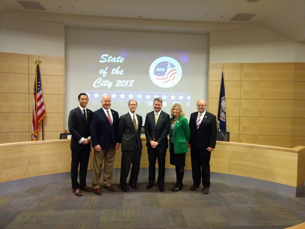 From left to right, Benny Zhang, Doug Pons, Mayor Paul Freiling, City Manager Andrew Trivette, Barabara Ramsey and Ted Maslin after the State of the City Address. (WYDaily/ Andrew Harris)