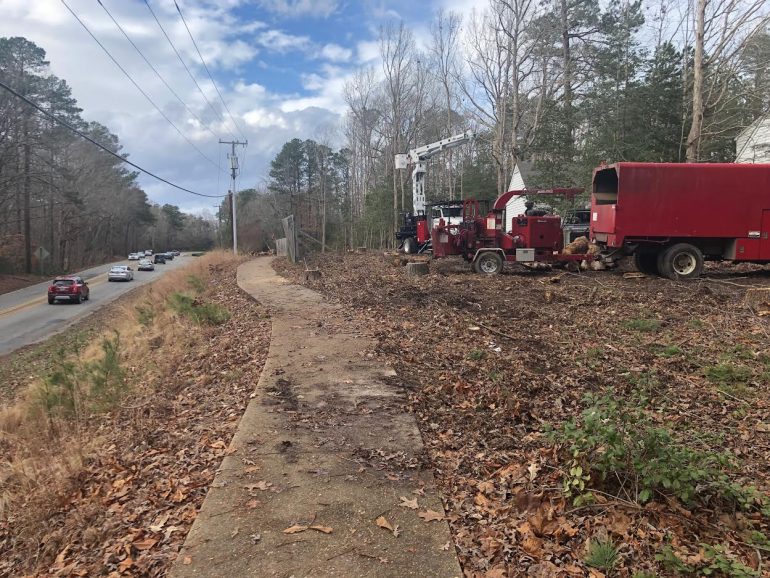 Trees are being cut down so the utilities can be moved underground in preparation for the Longhill Road widening project, according to VDOT. (WYDaily/Tom Davis)