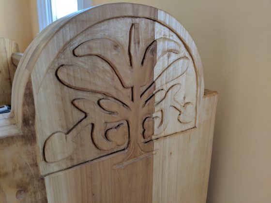 The benches slated to go inside the Memorial Church to recreate where the first legislative assembly met were made by the Ford&rsquo;s Colony Woodworkers Club. Work began on the pews last fall after Givens and Lavin went on a trip to England to gauge how 17th-century churches should look. (WYDaily/Sarah Fearing)